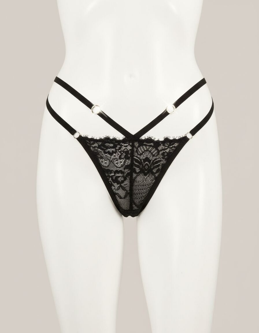 Siyah 2 İpli Dantelli Fantezi String Tanga