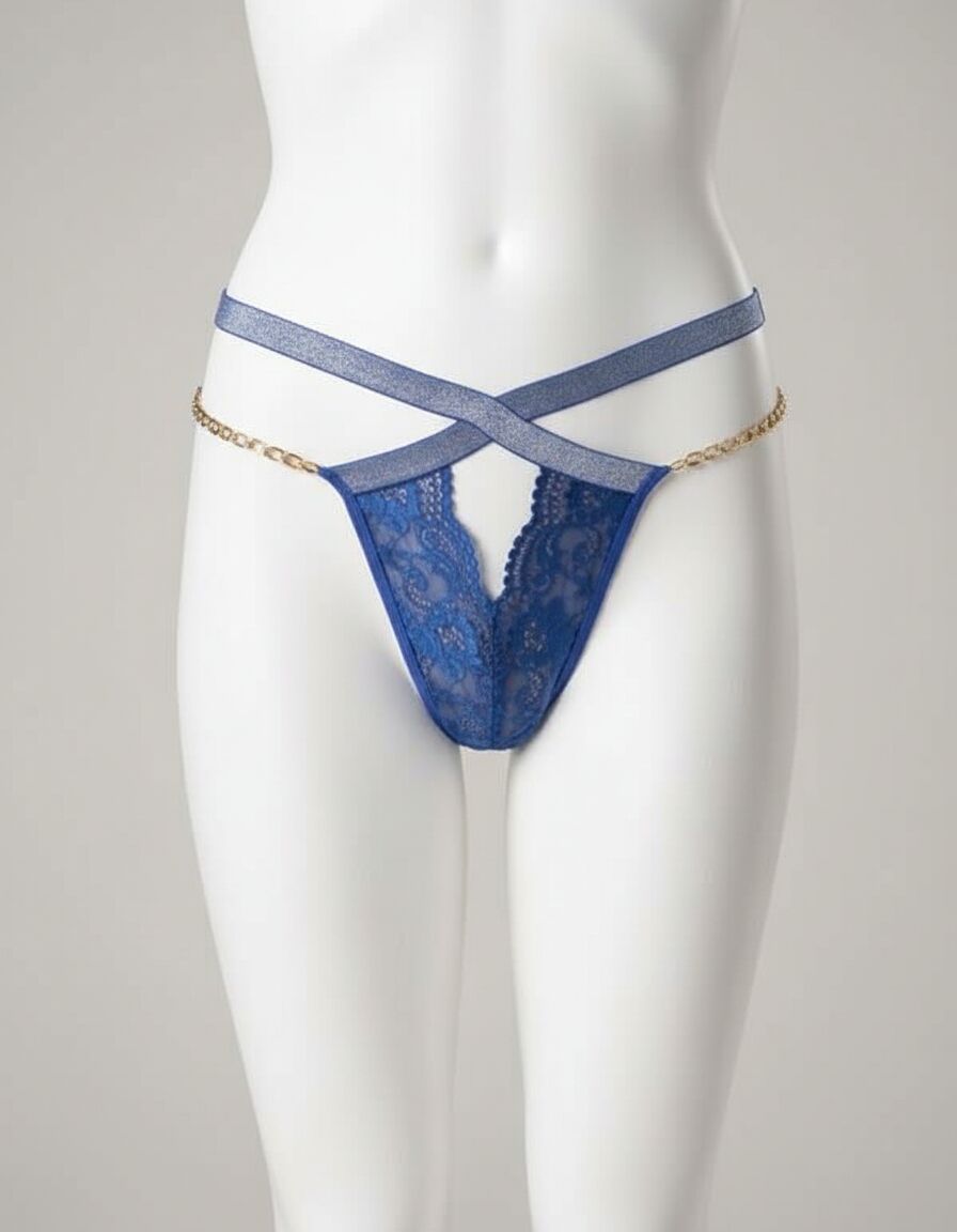 Mavi Zincir Aksesuarlı Dantelli Fantezi String Tanga
