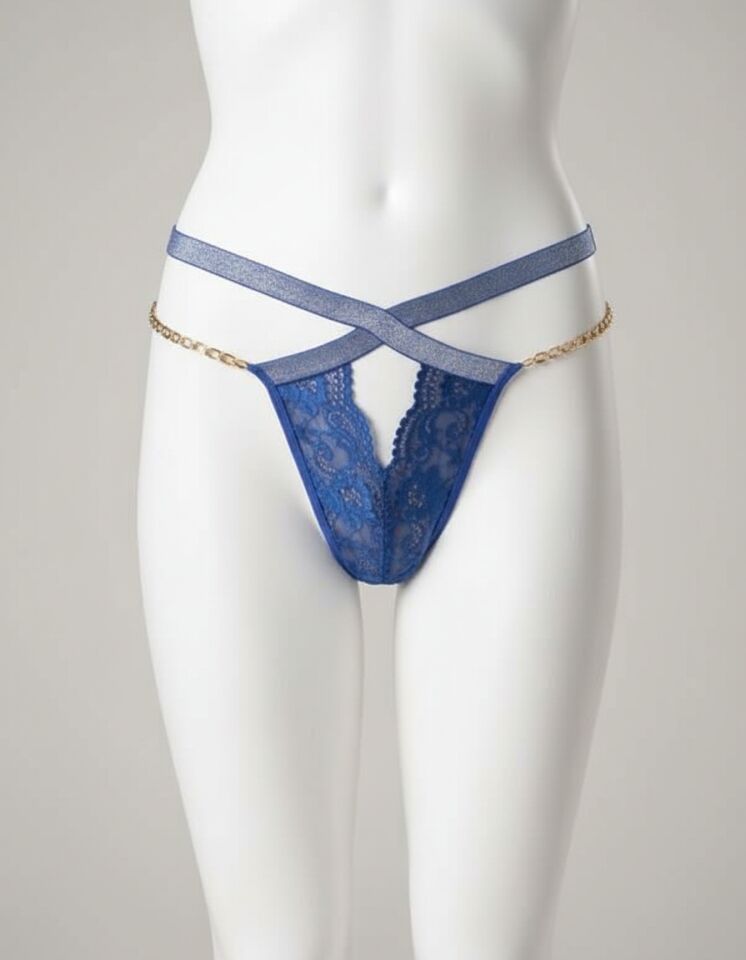 Arias Closet Mavi Zincir Aksesuarlı Dantelli Fantezi String Tanga