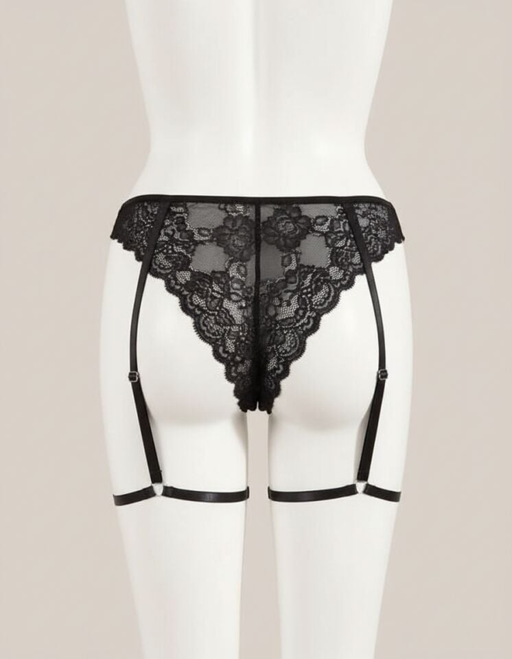Arias Closet Siyah Bacak Bantlı Dantelli Fantezi String Tanga