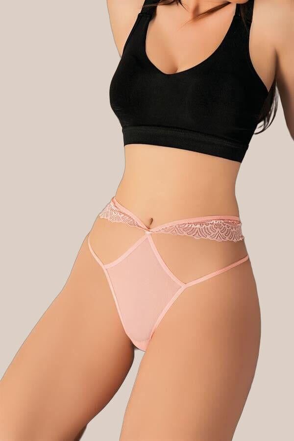 Pembe Dantelli İp Detaylı Fantezi String Tanga