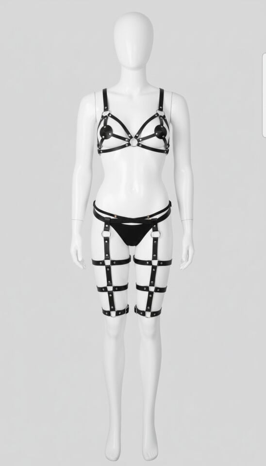 Aria's Closet Siyah Göğüs ve Bacak Aksesuarlı Fantezi Harness Set
