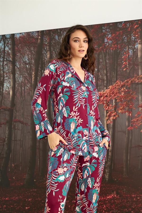 Arias Closet Çiçek ve Yaprak Desenli Önü Düğmeli Pijama Takımı