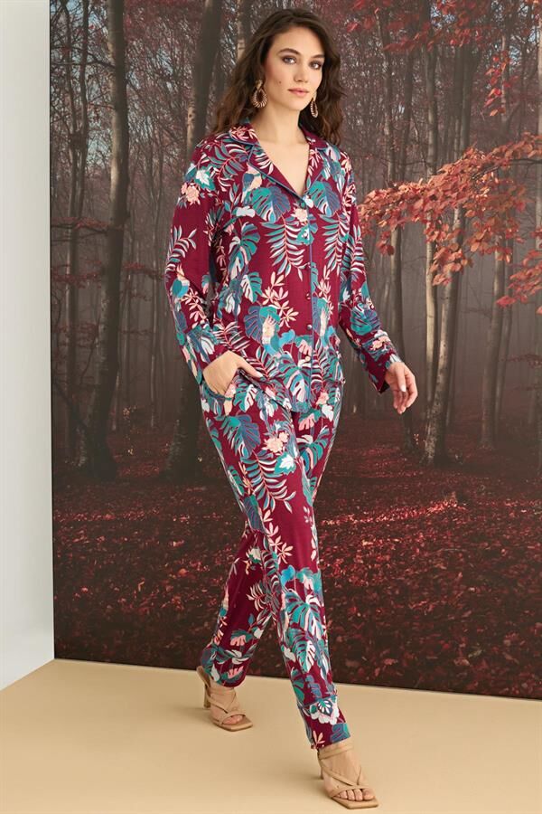 Arias Closet Çiçek ve Yaprak Desenli Önü Düğmeli Pijama Takımı
