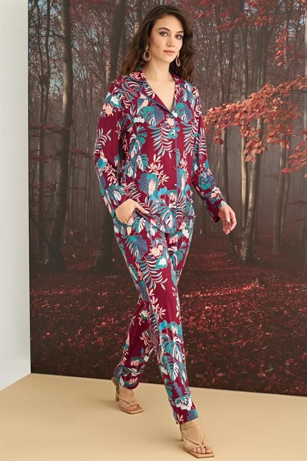 Arias Closet Çiçek ve Yaprak Desenli Önü Düğmeli Pijama Takımı