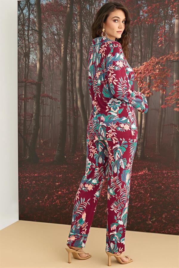 Arias Closet Çiçek ve Yaprak Desenli Önü Düğmeli Pijama Takımı
