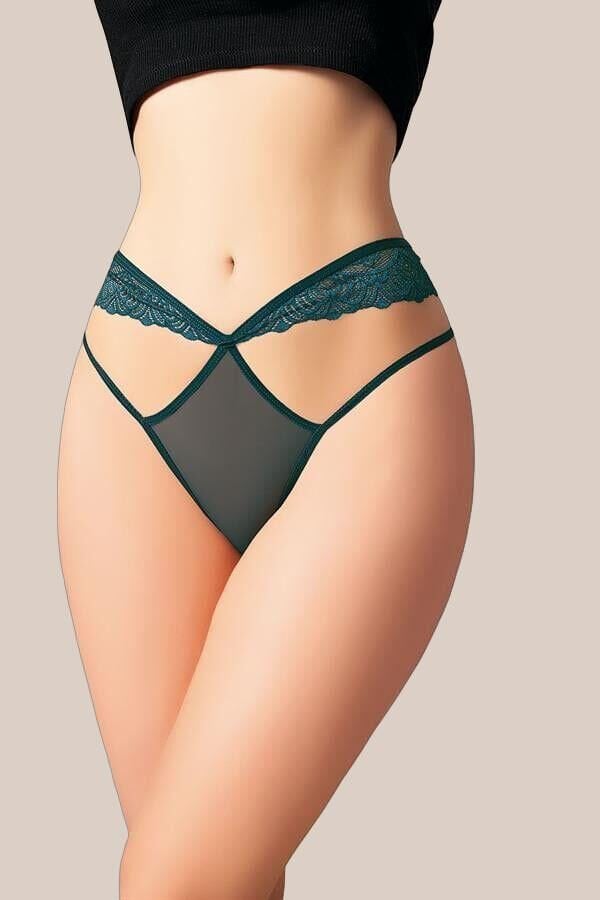 Yeşil Dantelli İp Detaylı Fantezi String Tanga