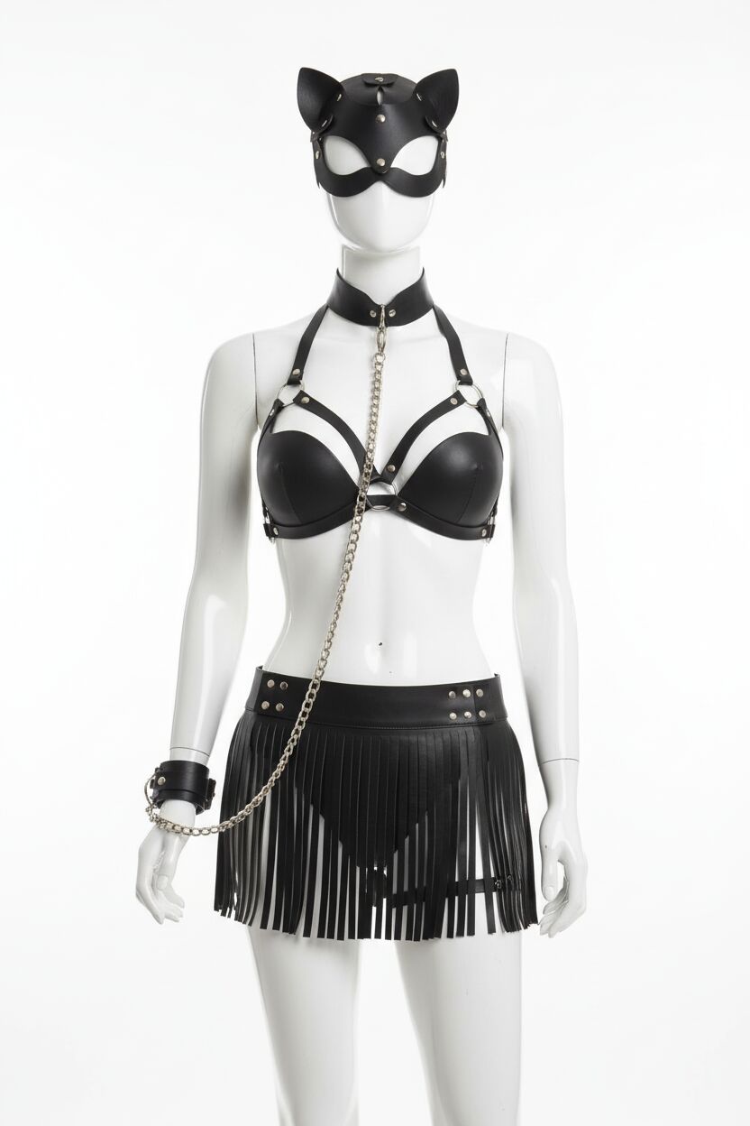 Siyah Etekli Tasma Maske ve Sütyen Aksesuarlı Fantezi Harness Set