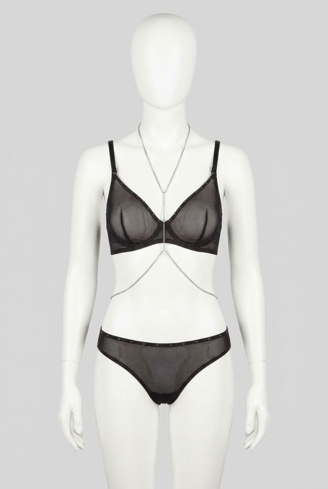 Kadın Balenli Desteksiz Dolgusuz Askıları Çıkabilen Yaka Detaylı Taşlı Sütyen ve Slip Takım