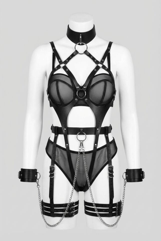 Siyah Zincir Aksesuarlı Fantezi Vücut Harness