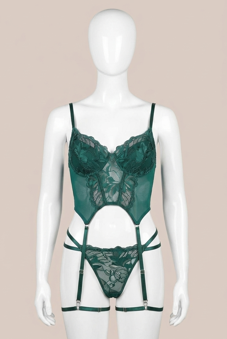 Transparan Yeşil Dantel İşlemeli Büstiyerli Jartiyer Takımı