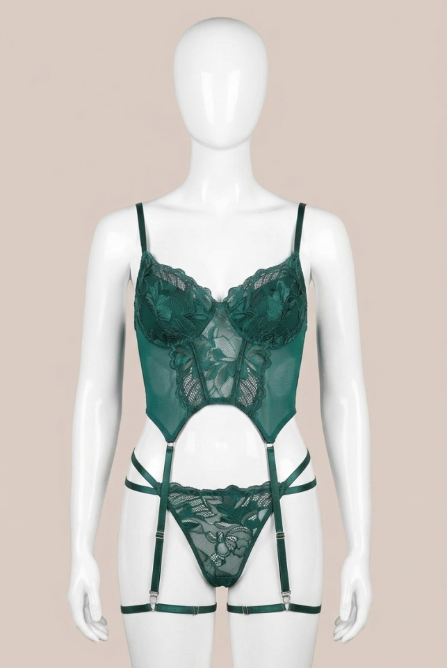 Transparan Yeşil Dantel İşlemeli Büstiyerli Jartiyer Takımı