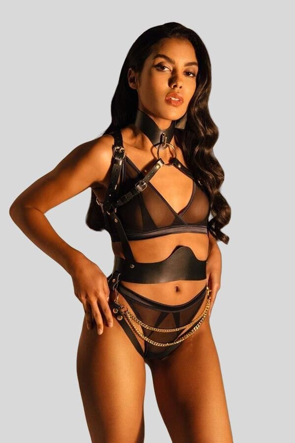 Arias Closet Siyah Zincir Aksesuarlı Fantezi Deri Vücut Harness