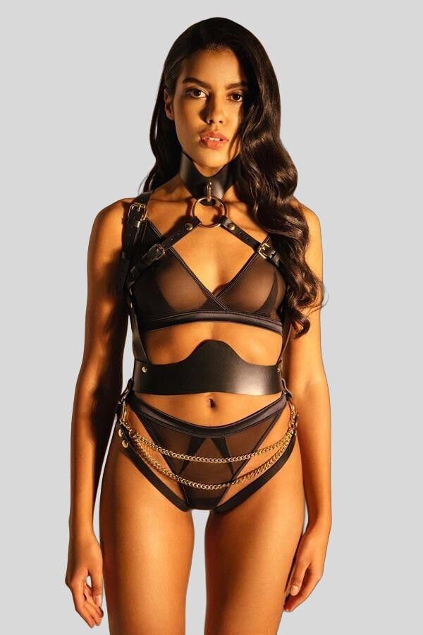 Arias Closet Siyah Zincir Aksesuarlı Fantezi Deri Vücut Harness