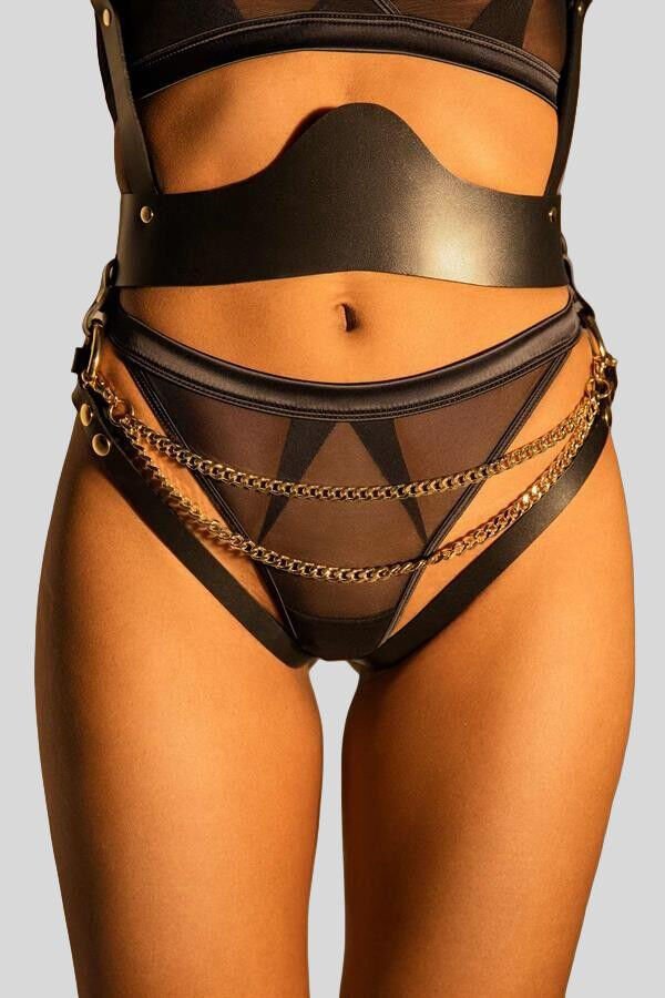 Arias Closet Siyah Zincir Aksesuarlı Fantezi Deri Vücut Harness