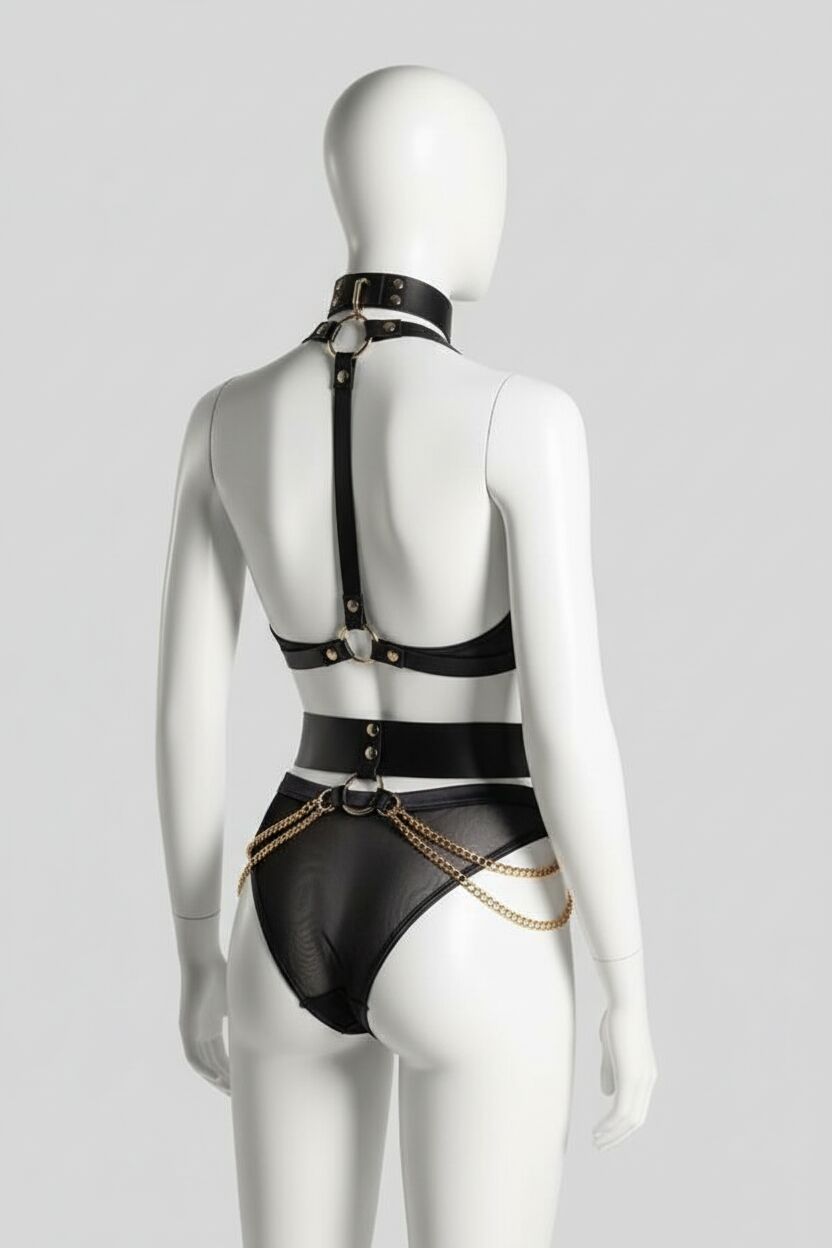 Arias Closet Siyah Zincir Aksesuarlı Fantezi Deri Vücut Harness