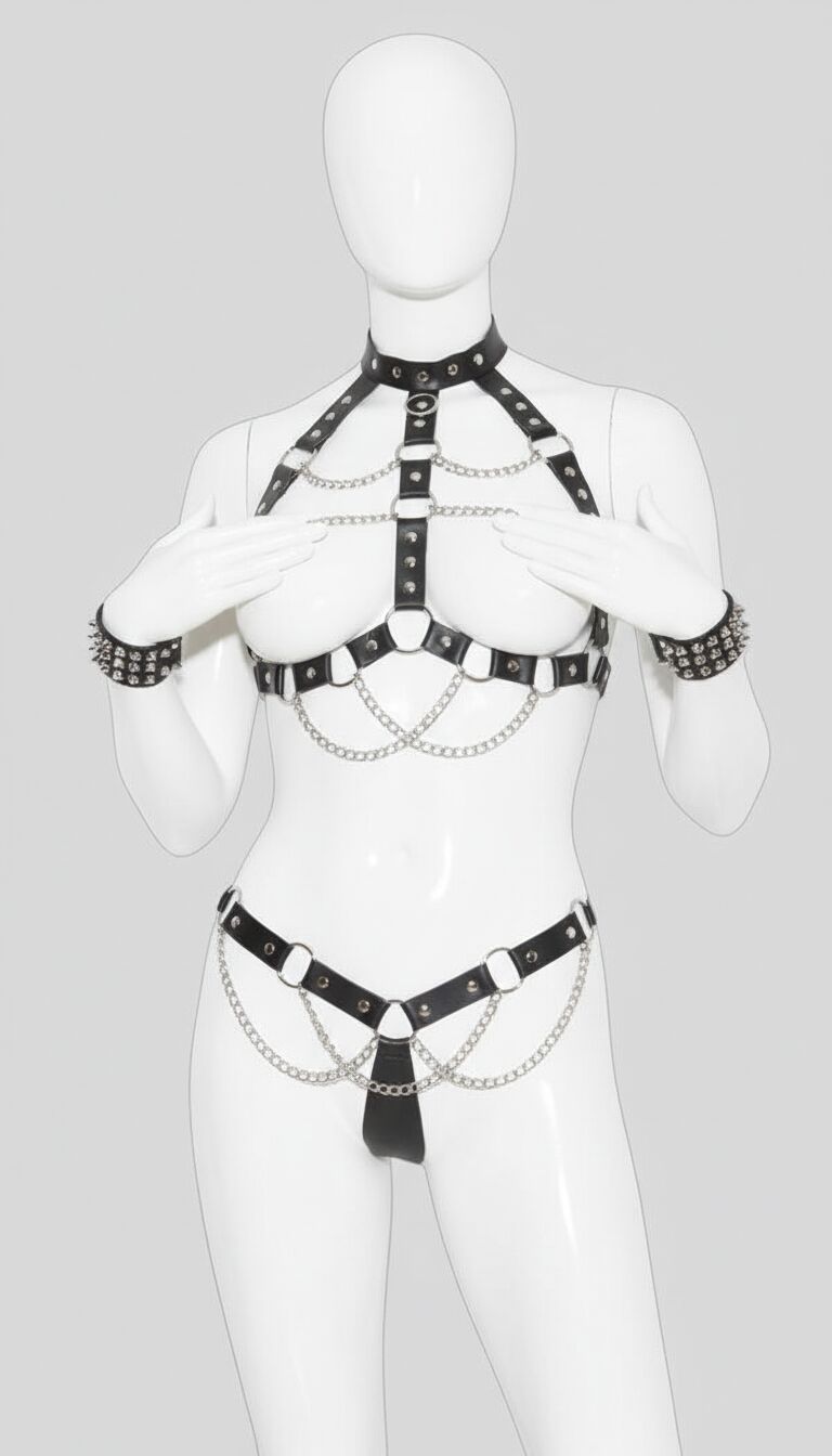 Arias Closet Siyah Zincir Aksesuarlı Fantezi Deri Vücut Harness