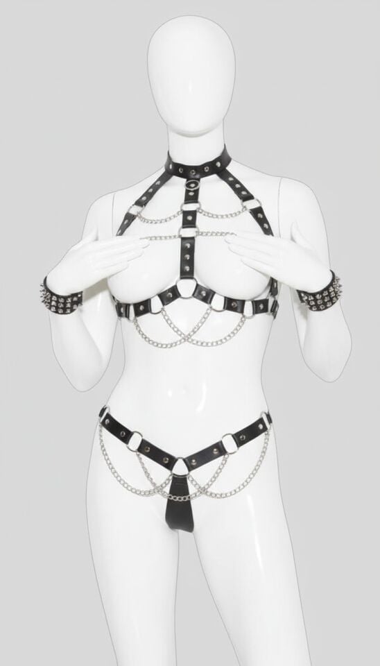 Arias Closet Siyah Zincir Aksesuarlı Fantezi Deri Vücut Harness