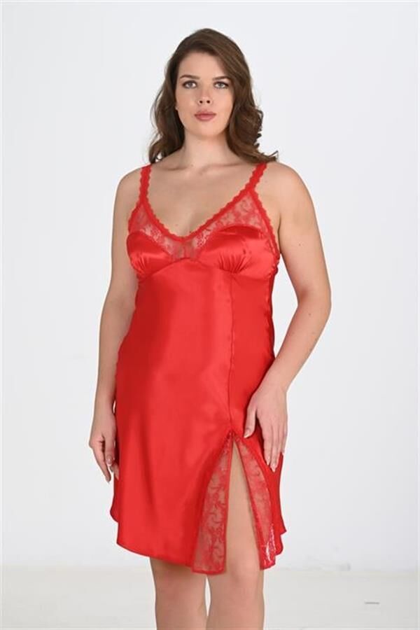 Arias Closet Premium Büyük Beden Saten Dantel İşlemeli Kırmızı Gecelik Bigsize