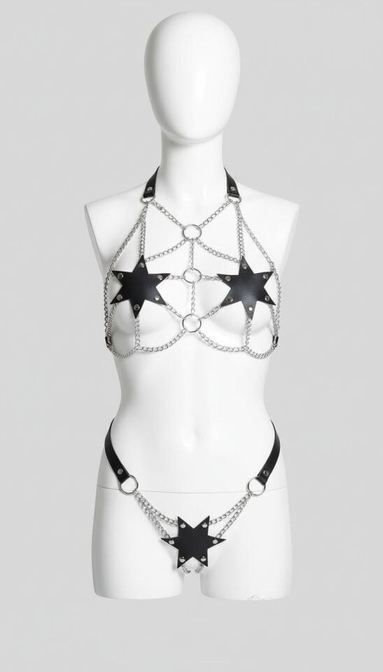 Arias Closet Siyah Zincir Aksesuarlı Yıldız Desenli Fantezi Deri Harness