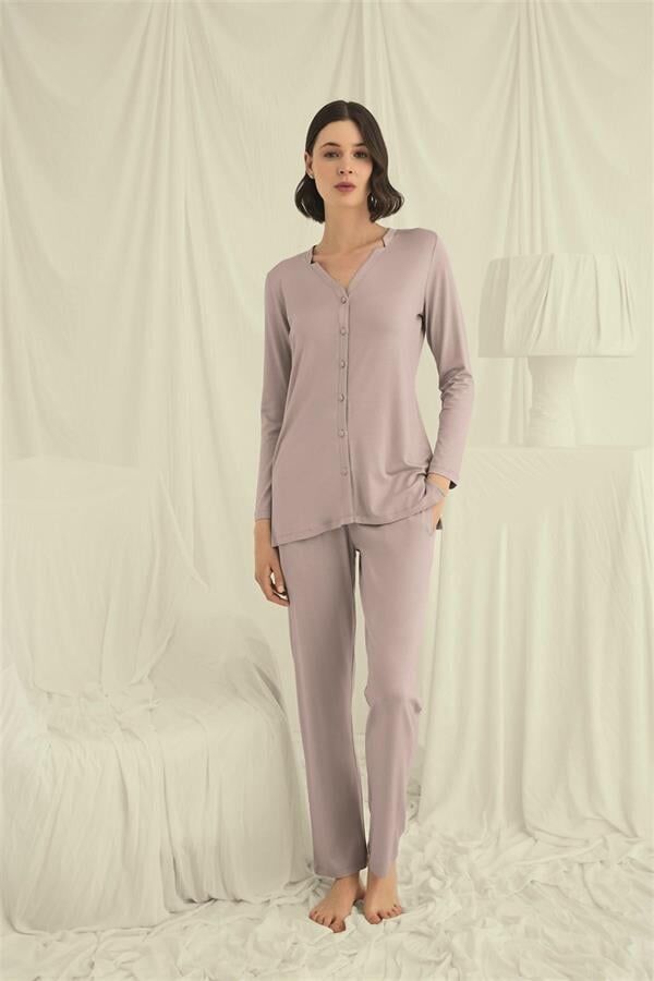 Arias Closet Uzun Kollu Boydan Düğmeli V Yaka Pijama Takımı