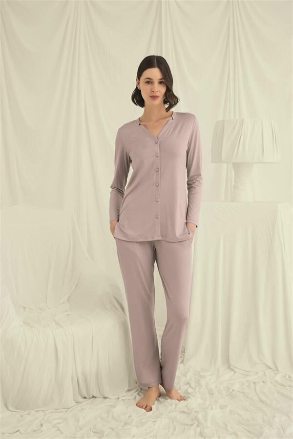 Arias Closet Uzun Kollu Boydan Düğmeli V Yaka Pijama Takımı
