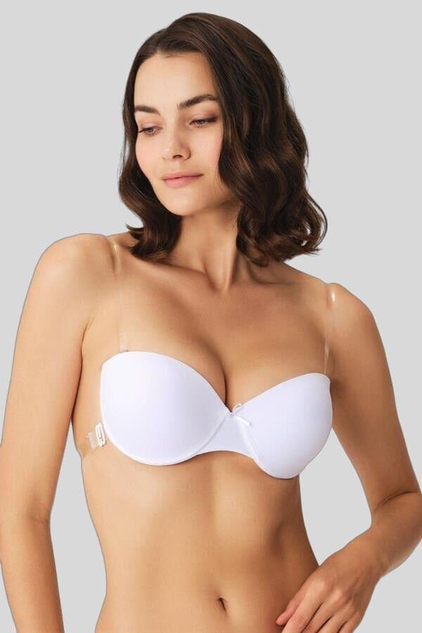 Kadın Balenli Destekli Dolgulu Askısız Straplez Sırtı Şeffaf Sırt Dekoltesi Sütyeni