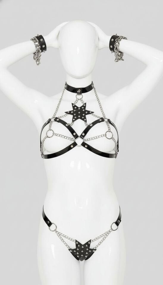 Arias Closet Siyah Zincir Aksesuarlı Yıldız Desenli Fantezi Deri Vücut Harness