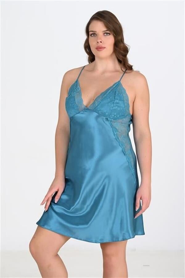 Arias Closet Büyük Beden Dantel İşlemeli Petrol Mavisi Saten Gecelik