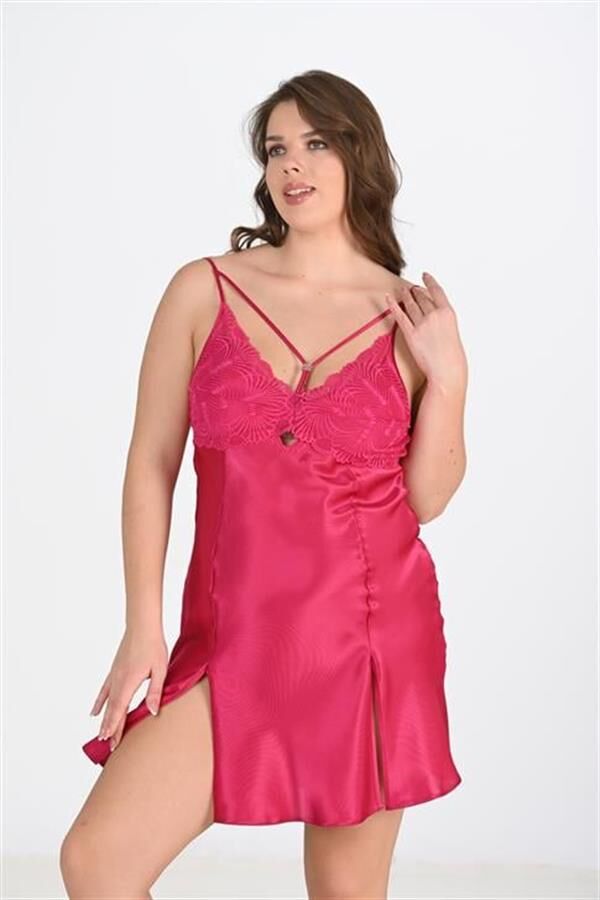 Arias Closet Premium Büyük Beden Saten Dantel İşlemeli Vişne 2'li Gecelik Sabahlık Takımı Bigsize
