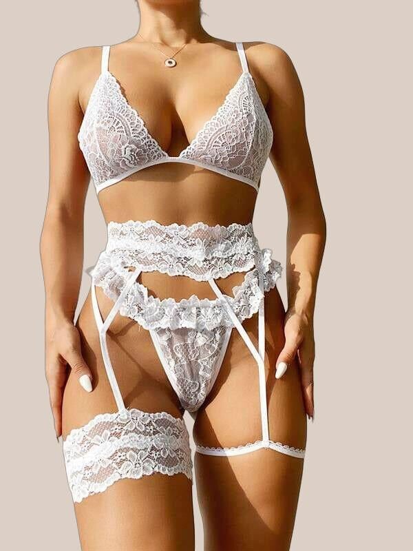 Arias Closet Beyaz Dantel Bacak Bantlı Jartiyerli Sütyen Külot Takımı