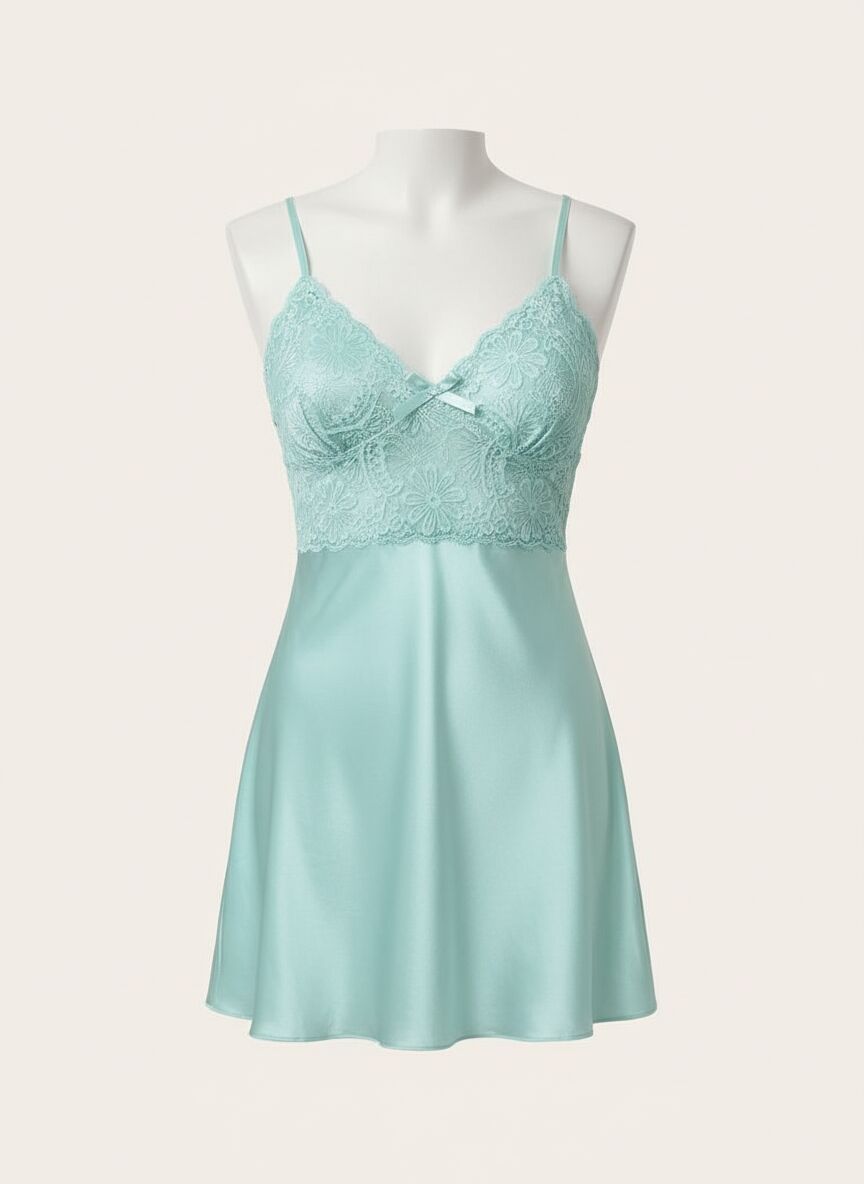 Dantel İşlemeli Turkuaz Saten Gecelik