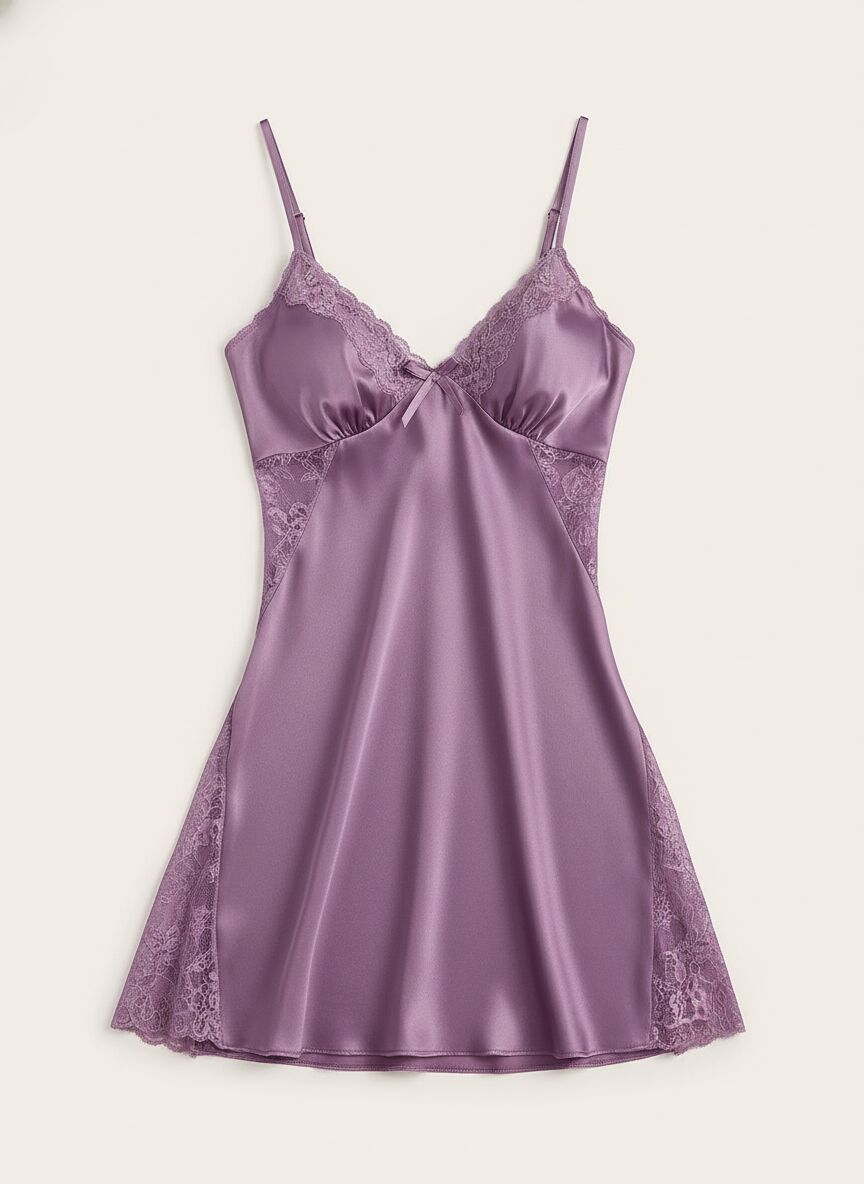 Arias Closet Dantel İşlemeli Lila Saten Gecelik