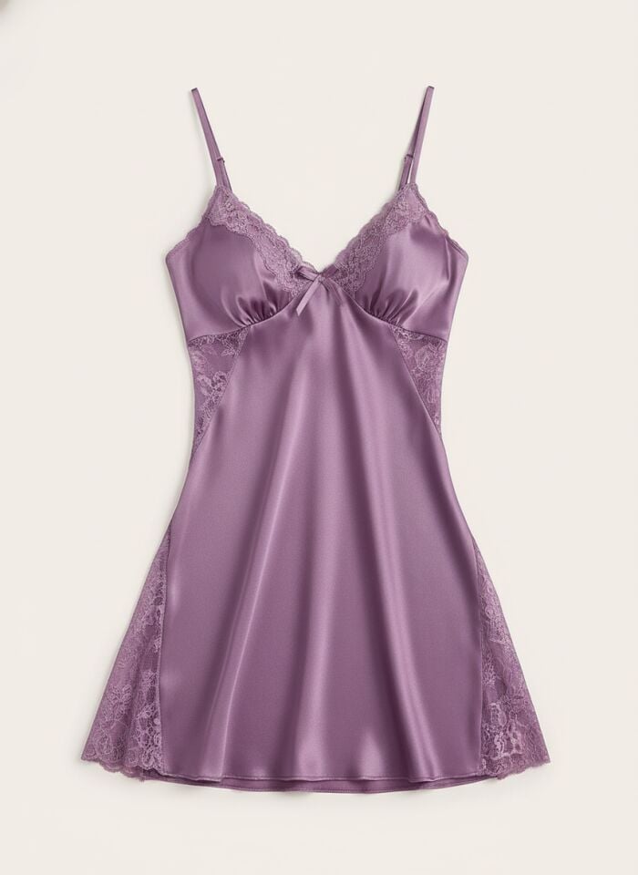 Arias Closet Dantel İşlemeli Lila Saten Gecelik