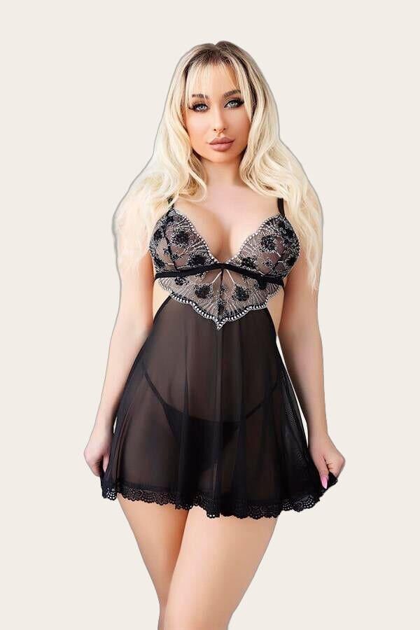 Arias Closet Siyah Dantel İşlemeli Fantezi Gecelik