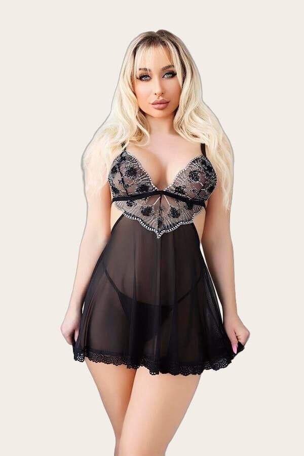 Arias Closet Siyah Dantel İşlemeli Fantezi Gecelik