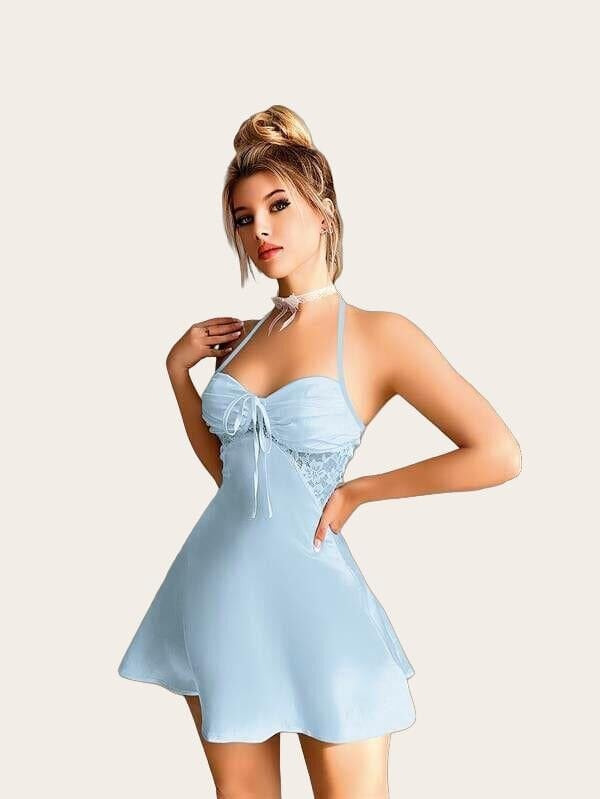 Arias Closet Dantel İşlemeli Boyundan Bağlamalı Mavi Saten Gecelik