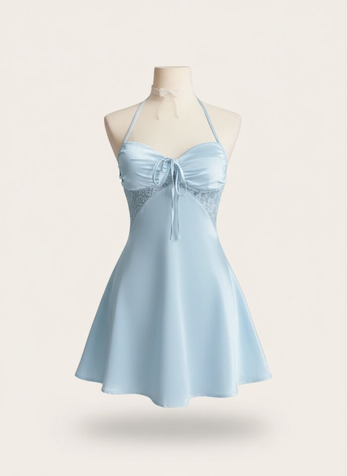 Arias Closet Dantel İşlemeli Boyundan Bağlamalı Mavi Saten Gecelik