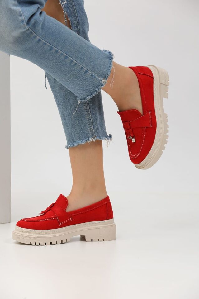 Loafers Günlük Kadın Süet Kırmızı Ayakkabı