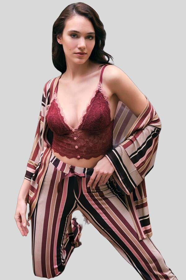Kadın Viskon Çizgili Sabahlık Balensiz Desteksiz Dolgusuz Dantelli Bralet Sütyen ve Pantolon Pijama 3'lü Takım