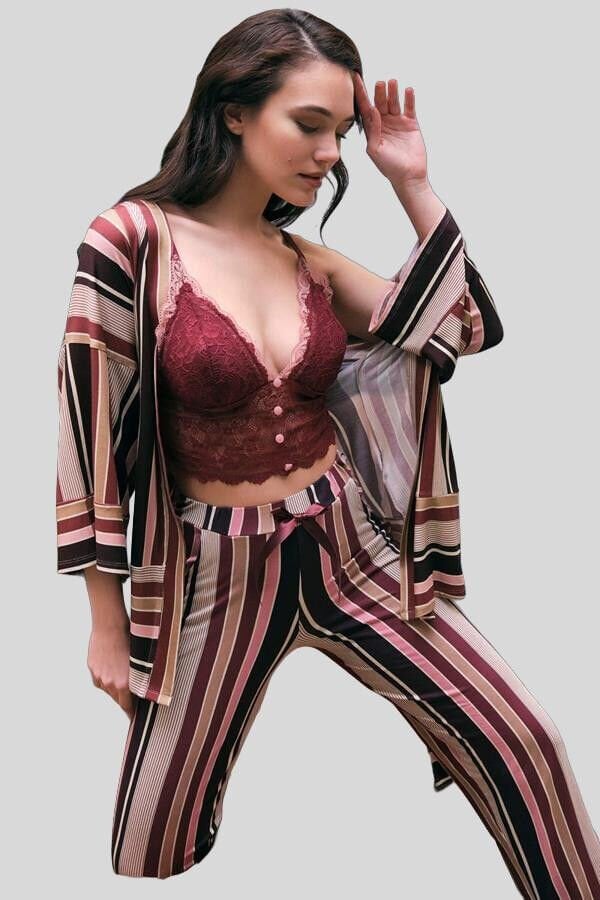 Kadın Viskon Çizgili Sabahlık Balensiz Desteksiz Dolgusuz Dantelli Bralet Sütyen ve Pantolon Pijama 3'lü Takım