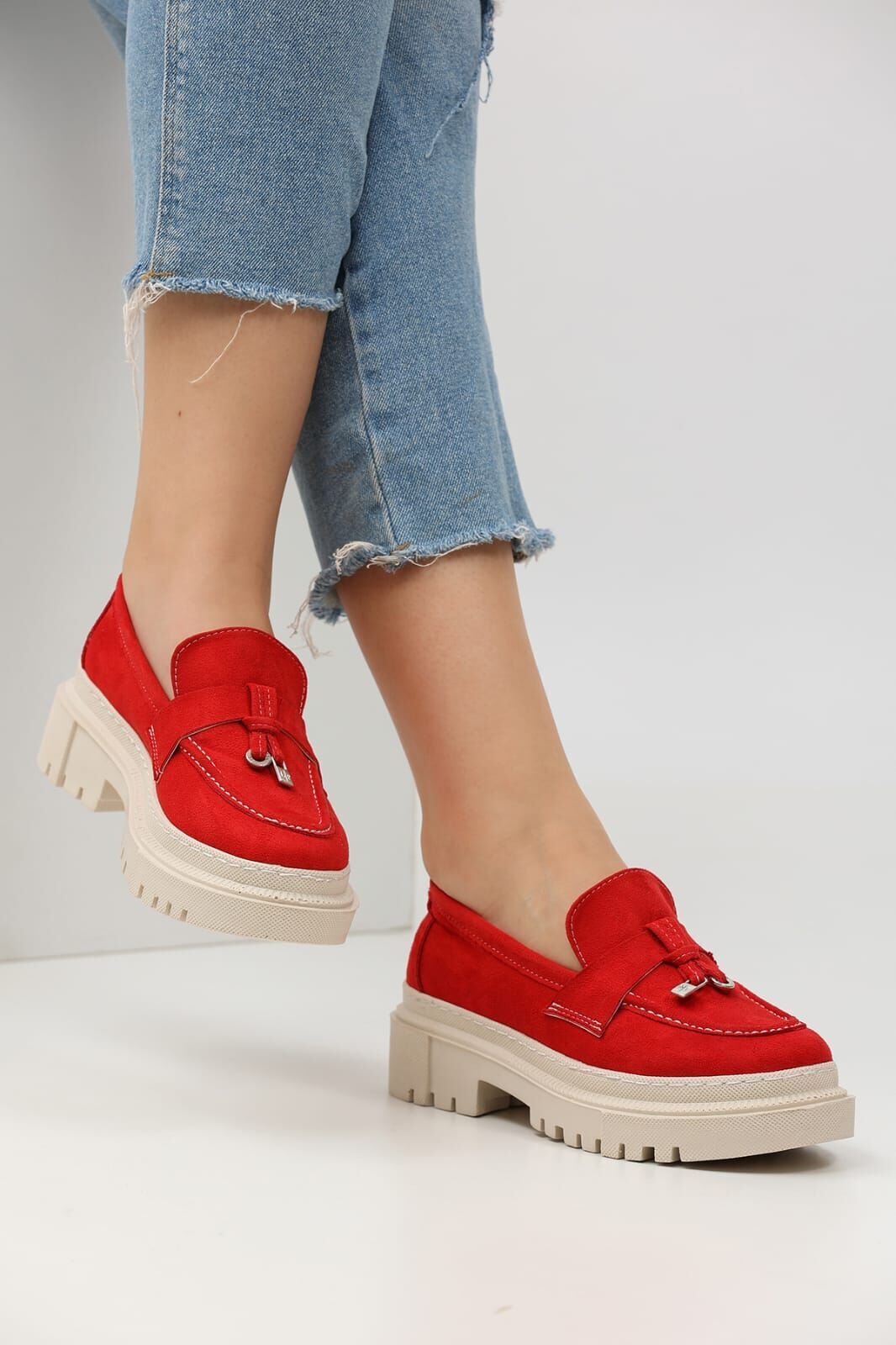Loafers Günlük Kadın Süet Kırmızı Ayakkabı 39