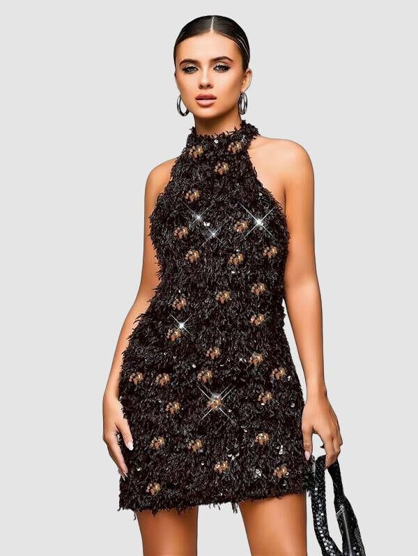 Özel Tasarım Gümüş Işıltılı Sırt Dekolteli Fantezi Mini Club Elbisesi