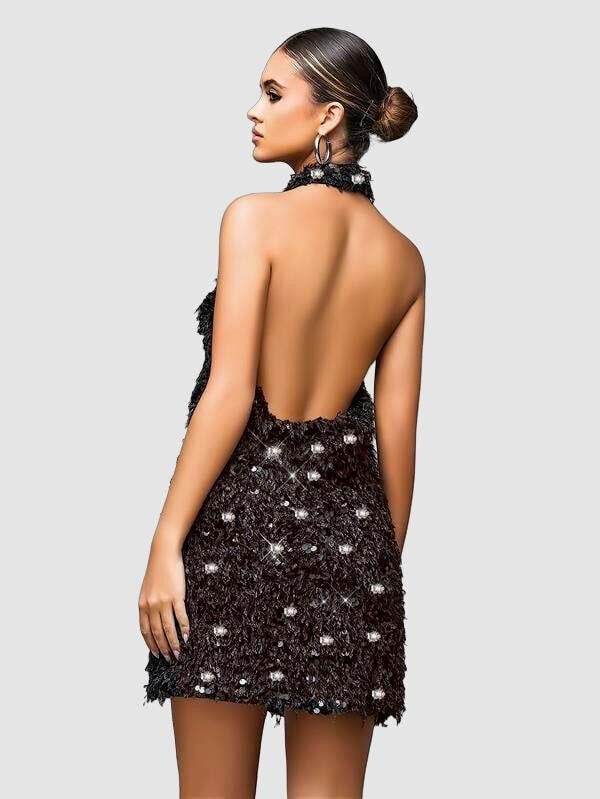 Arias Closet Özel Tasarım Gümüş Işıltılı Sırt Dekolteli Fantezi Mini Club Elbisesi