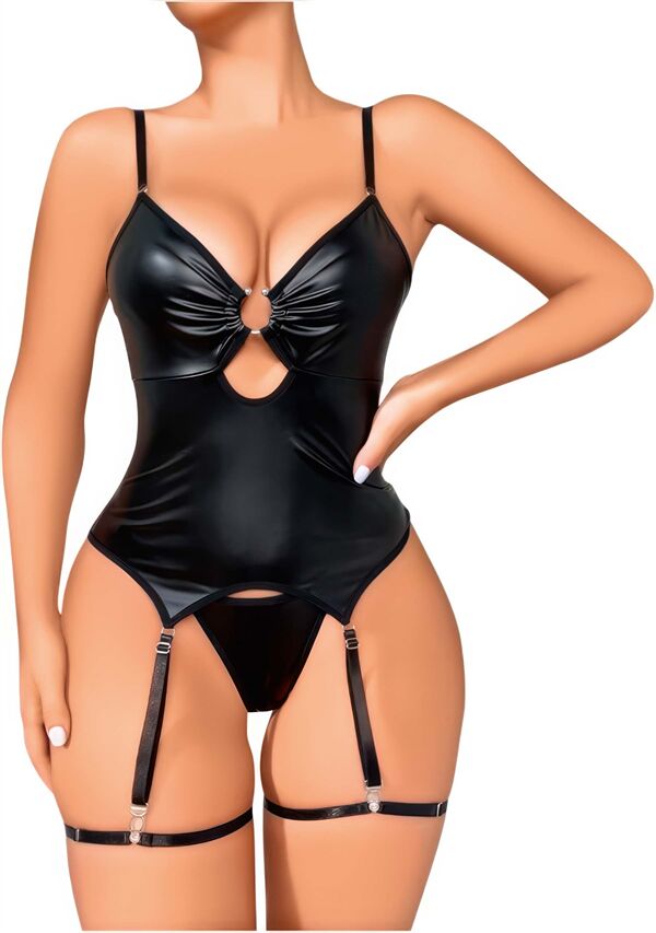 Arias Closet Siyah Lame Fantezi Deri Jartiyer Takımı