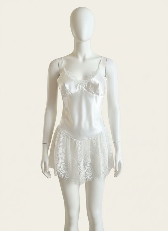 Arias Closet Beyaz İnce Askılı Dantel İşlemeli Saten Gecelik