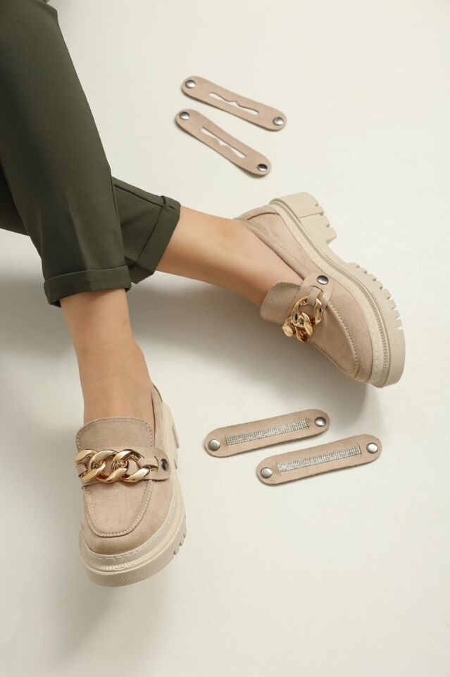 Loafers Tokası Değişebilen Günlük Kadın Süet Krem Ayakkabı 36