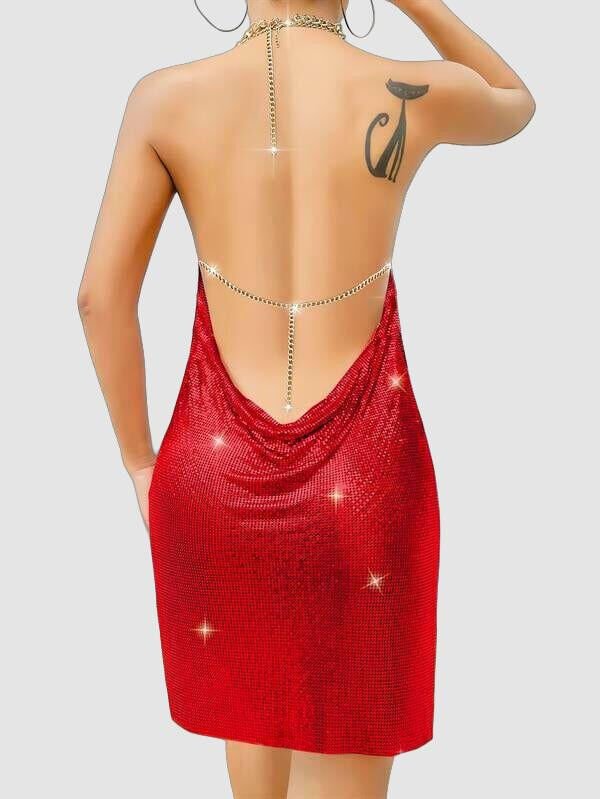 Arias Closet Özel Tasarım Kırmızı Boyundan Bağlamalı Zincir Detaylı Parlak Mini Club Elbisesi