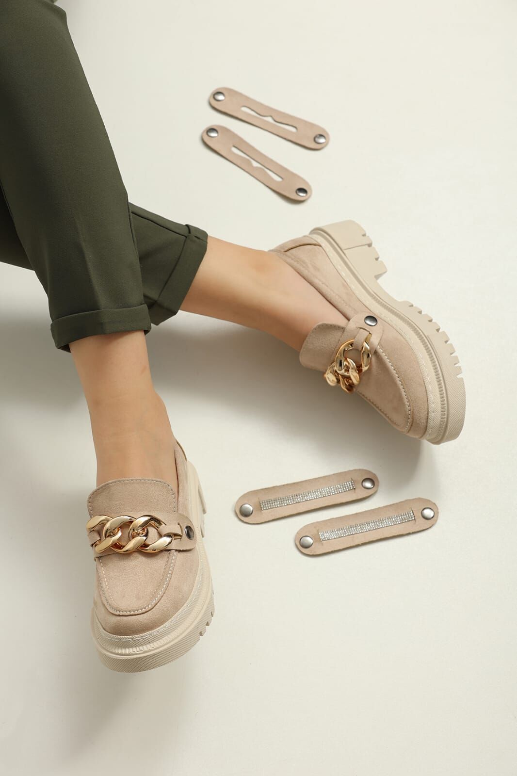 Loafers Tokası Değişebilen Günlük Kadın Süet Krem Ayakkabı 37
