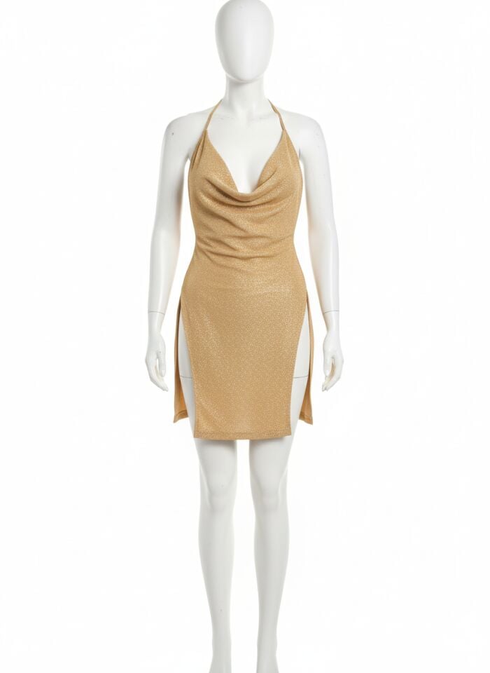 Arias Closet Özel Tasarım Gold Derin Yırtmaçlı Işıltılı Sırt Dekolteli Degajeli Fantezi Mini Club Elbisesi